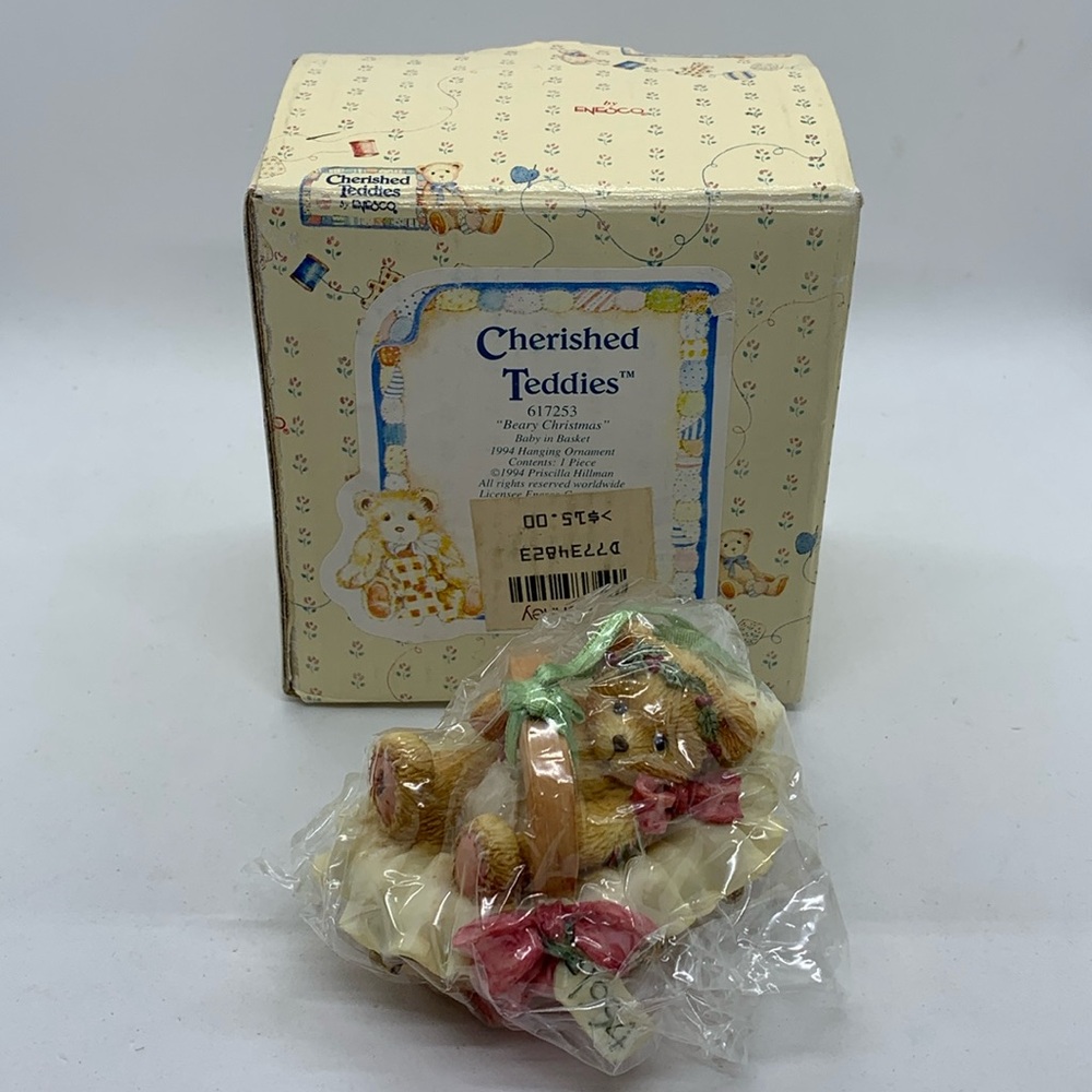 NOS Vintage 1994 Cherished Teddies BEARY CHRISTMAS Baby in Basket Ornament